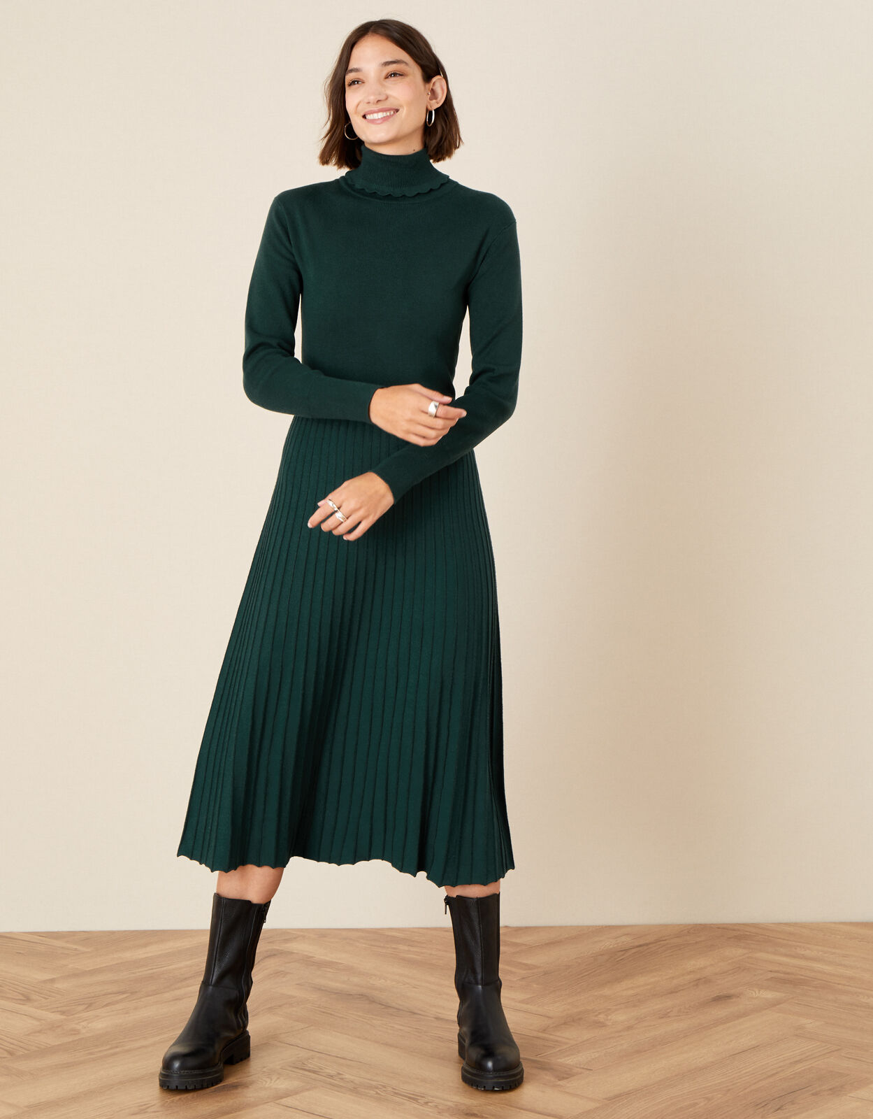 Scallop Roll Neck Dress Green | Casual ...